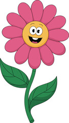 Cheerful cartoon flower character with pink petals, smiling floral mascot for kids, nature and positivity concept, flat vector illustration