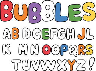 Colorful bubble alphabet letters, playful cartoon style, flat vector illustration, educational design for kids, uppercase font, vibrant school theme