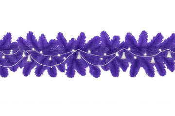 Purple christmas garland decorating with bright string lights and silver bells, transparent background