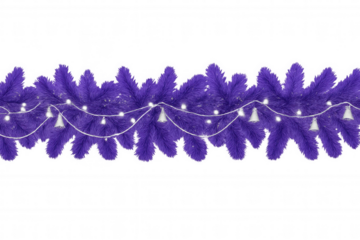Purple christmas garland decorating with bright string lights and silver bells, transparent background