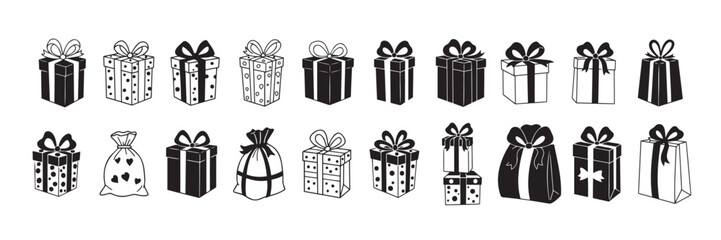 Holiday gift, black outline silhouette, minimalist drawing, vector set on transparent background.