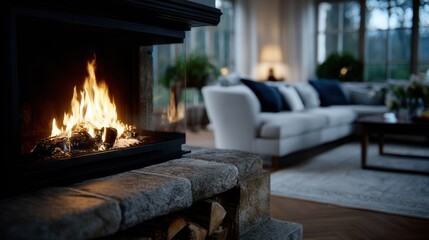 Cozy living room with a roaring fireplace, plush sofa, and soft lighting, ideal for promoting relaxation, warmth, and home comfort themes.
