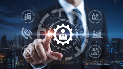 Human resources management concept with icons on a digital interface.