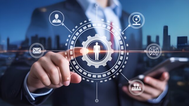 Businessman interacting with a futuristic holographic interface displaying business and technology icons in a modern city setting.