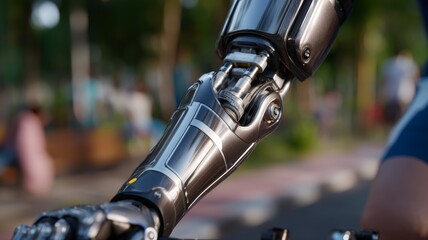 Bionic prosthetic arm with advanced robotics technology, showing innovation and future human enhancement in a blurred outdoor park