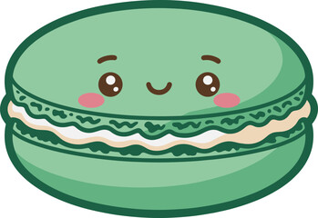 Cute green macaron with smiling face, expressive eyes, pink cheeks and creamy filling, dessert character icon, flat vector illustration