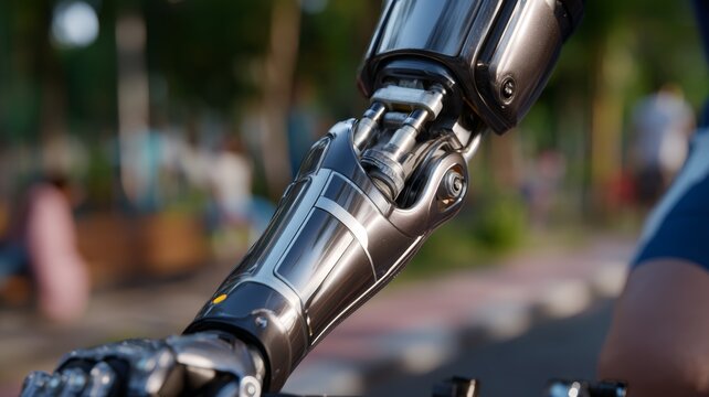 Bionic prosthetic arm with advanced robotics technology, showing innovation and future human enhancement in a blurred outdoor park