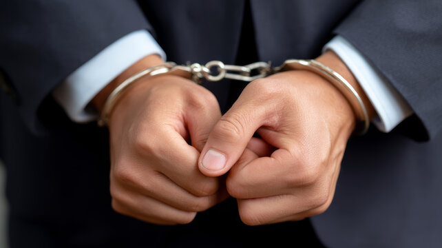 Businessman's hands cuffed, symbolizing white collar crime, arrest, corruption, fraud, legal consequences, and corporate justice