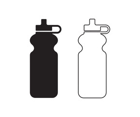 Water bottle design set, Reusable sports hydration flask silhouette and outline vector