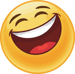 Laughing emoji face with closed eyes, wide open mouth, joyful yellow character showing happiness and humor, flat vector illustration