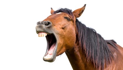 Horse yawning against white background