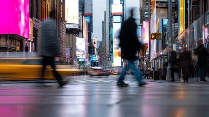 Times Square street scene with blurred people and yellow taxi cab, showing urban motion and a dynamic city life