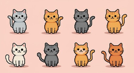 Cartoon cats in various colors arranged against a pastel pink background