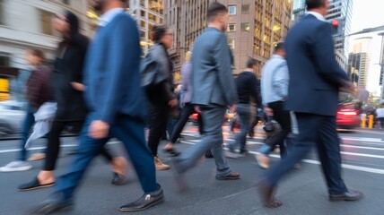 Commuters crossing busy city street with blur motion, office workers walking during rush hour