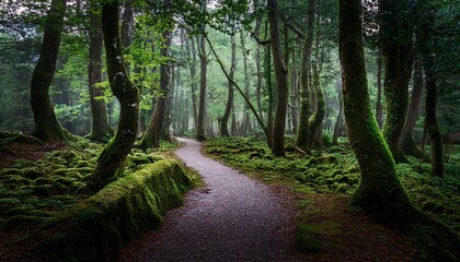 Fototapeta premium A Winding Footpath Through A Dark Moody Deciduous Forest With Moss Covered Trees Evoking A Sense Of Solitary Wandering And Quiet Contemplation In Nature