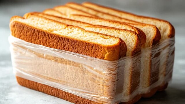 A bundle of four slices of bread wrapped in plastic for storage or transport