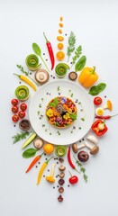 A vibrant arrangement of fresh vegetarian food items like bell peppers, chilies, mushrooms, tomatoes, and herbs surrounds a plate of colorful salad, showcasing healthy eating and plant based meals.
