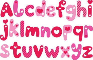 Valentine themed lowercase alphabet set, pink and red letters with hearts, romantic decorative font for love design, flat vector illustration