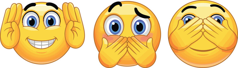 Three emoji face expressions, see no evil, speak no evil, hear no evil concept, emotional cartoon icons, flat vector illustration