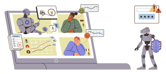 Robot teaching students remotely via laptop, analyzing performance charts and exam data. Students express confusion, understanding, or frustration. Ideal for education, AI, analytics, remote