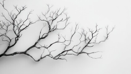 Obraz premium A minimalist grayscale image showcases a delicate, intricate network of bare tree branches against a simple white backdrop.