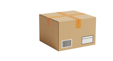 3D image of a brown shipping box (cardboard box) with barcode and label areas, sealed with orange tape, isolated on a transparent background, png.