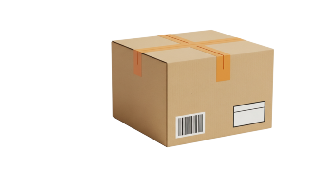 3D image of a brown shipping box (cardboard box) with barcode and label areas, sealed with orange tape, isolated on a transparent background, png.