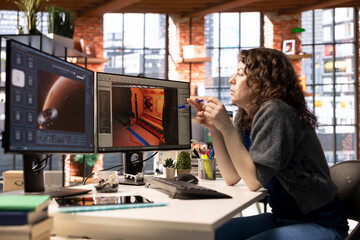 Woman using an AI chatbot interface to generate video game spaceship environments, modern system applies deep learning and machine learning techniques. Developing sci fi gaming designs.