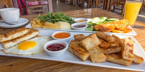 Brunch spread with a variet of dishes pastries. Village Breakfast with pastries, vegetables, greens, spreads, cheeses, fried eggs, jams.
