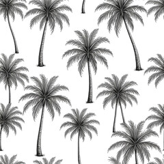 Monochrome palm tree pattern on black background, repeated, tropical feel