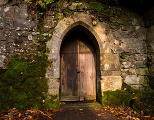 Fototapeta premium Aged stone archway with wooden door