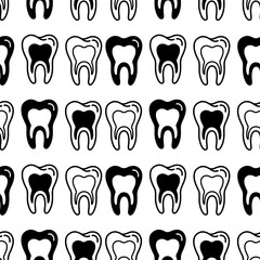 Tooth black pattern. Vector dental seamless background illustration. Cartoon healthy dentistry tooth. Medical pattern. Vector drawing silhouette icon. Dentist art print.