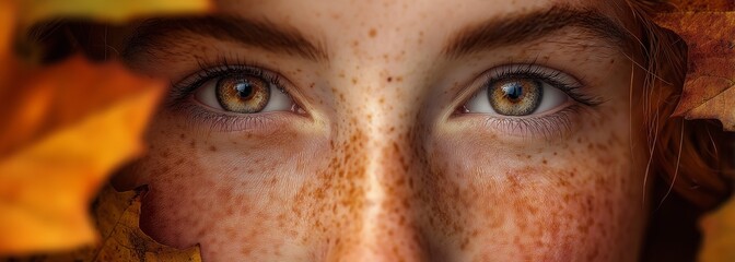 Close-up of a young girl with freckled skin framed by autumn leaves.