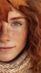 Close-up of a young woman with freckles and curly red hair.