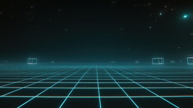 Futuristic grid landscape with glowing lines and floating cubes