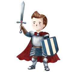 Watercolor illustration of a brave little knight with sword, shield and red cape. Perfect for children books, fairy tales, cards, posters, invitations, decor, scrapbooking and educational projects