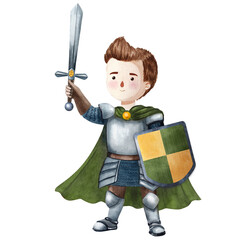 Watercolor illustration of a brave little knight with sword, shield and green cape. Perfect for children books, fairy tales, cards, posters, invitations, decor, scrapbooking and educational projects