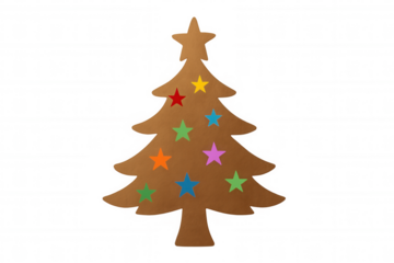Brown paper christmas tree cutout with colorful stars, crafting holiday celebration decoration, transparent background