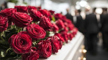Elegant display of red roses at a solemn gathering in a well-decorated indoor venue with guests in formal attire Generative AI