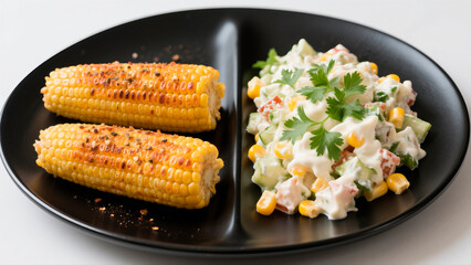 Grilled corn on the cob served with fresh vegetable salad on a black plate, showcasing vibrant colors and textures, perfect for summer dining and healthy eating