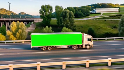 Modern white delivery truck moving on highway with large green chroma key panel for advertising or branding. Perfect for transport, logistics, and promotional design. 4K. 