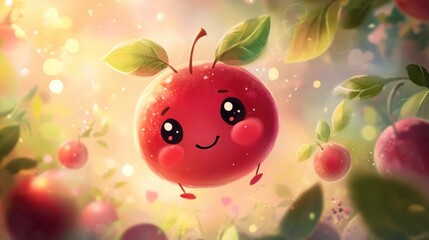 Cute cartoon cherry with big eyes floats among other cherries