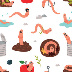 Cartoon worms in waste seamless pattern. Worm in ground, in red apple, earthworm in puddle. Print for fabric, wallpaper, wrapping, vector background