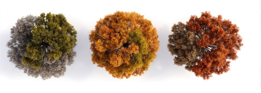 Overhead view of three trees with different autumnal foliage colors