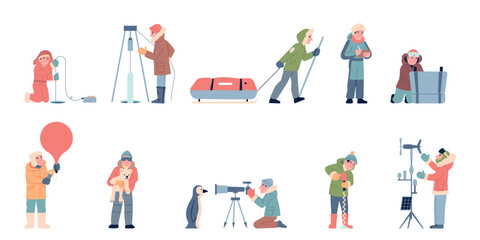 Polar scientist characters. Scientists exploring the north and south poles. Flat people wear winter warm clothes, arctic animal care, break through the ice, recent vector set