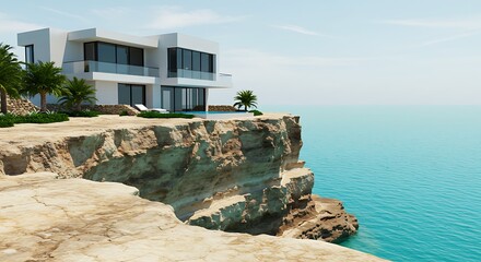 Modern cliffside residence overlooking tranquil ocean waters under bright sunlight