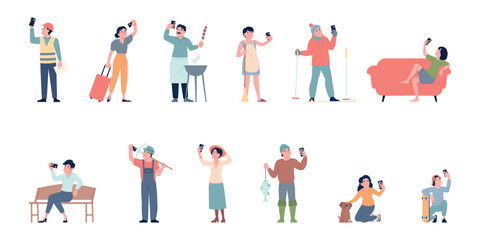 Fototapeta premium Selfie characters. People with smartphones doing photos or video in various situations. Male female with food, animals, in hobby or travel, recent vector set