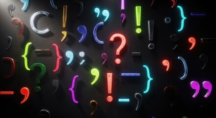 Vibrant glossy colorful punctuation marks scattered across a dark textured surface celebrating National Punctuation Day grammar concepts and language education.