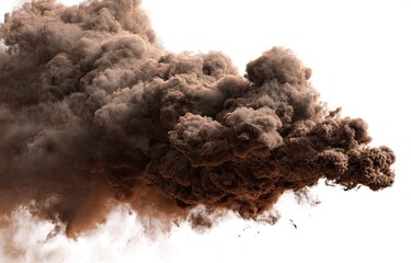 A large, dense cloud of brownish-gray smoke billows outwards against a plain white background.  The smoke has a chaotic, irregular texture with numerous swirls and eddies