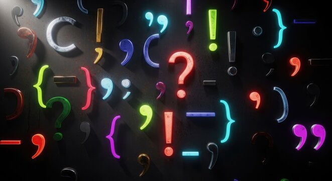 Vibrant glossy colorful punctuation marks scattered across a dark textured surface celebrating National Punctuation Day grammar concepts and language education.